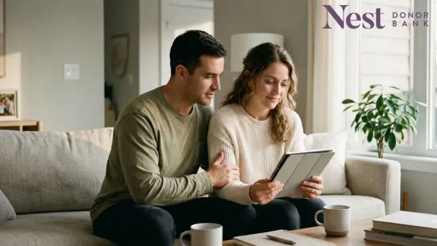 A warm, natural scene of a couple sitting together in a softly lit, modern home, looking at a tablet or paperwork with a calm and thoughtful expression.