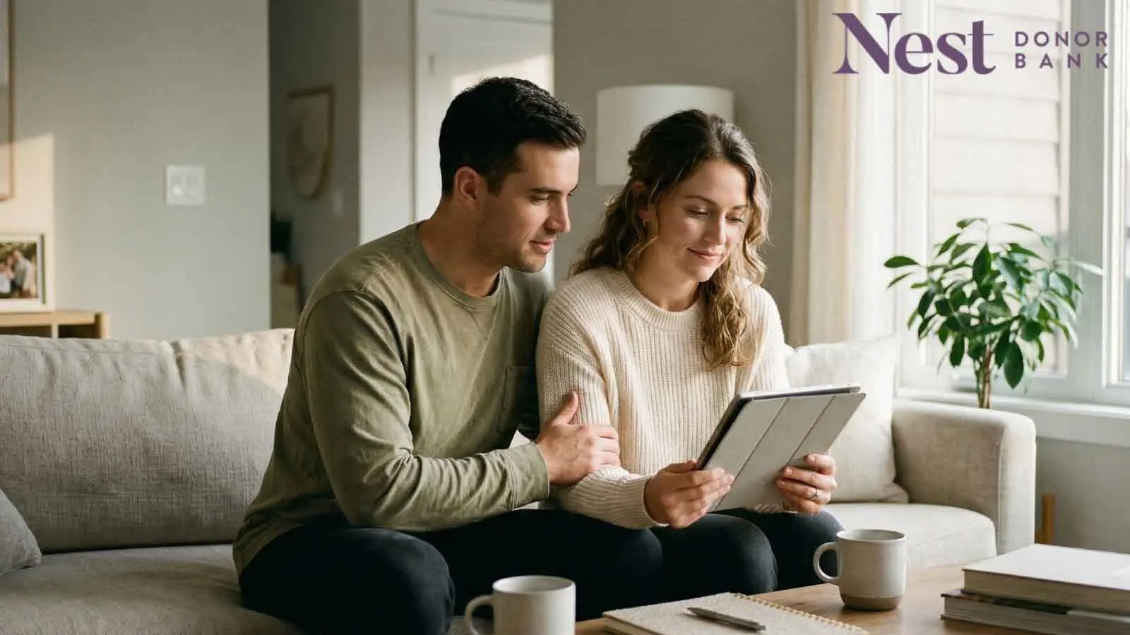 A warm, natural scene of a couple sitting together in a softly lit, modern home, looking at a tablet or paperwork with a calm and thoughtful expression.
