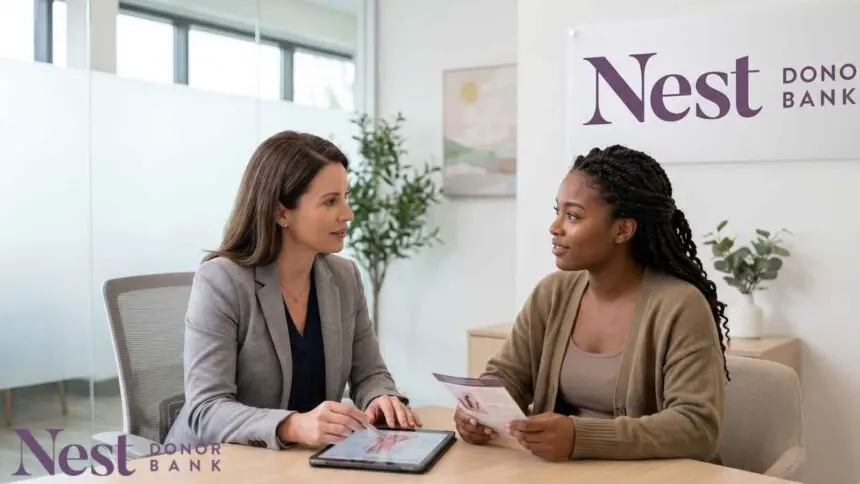A fertility specialist in a grey blazer discusses egg donation with a prospective donor.