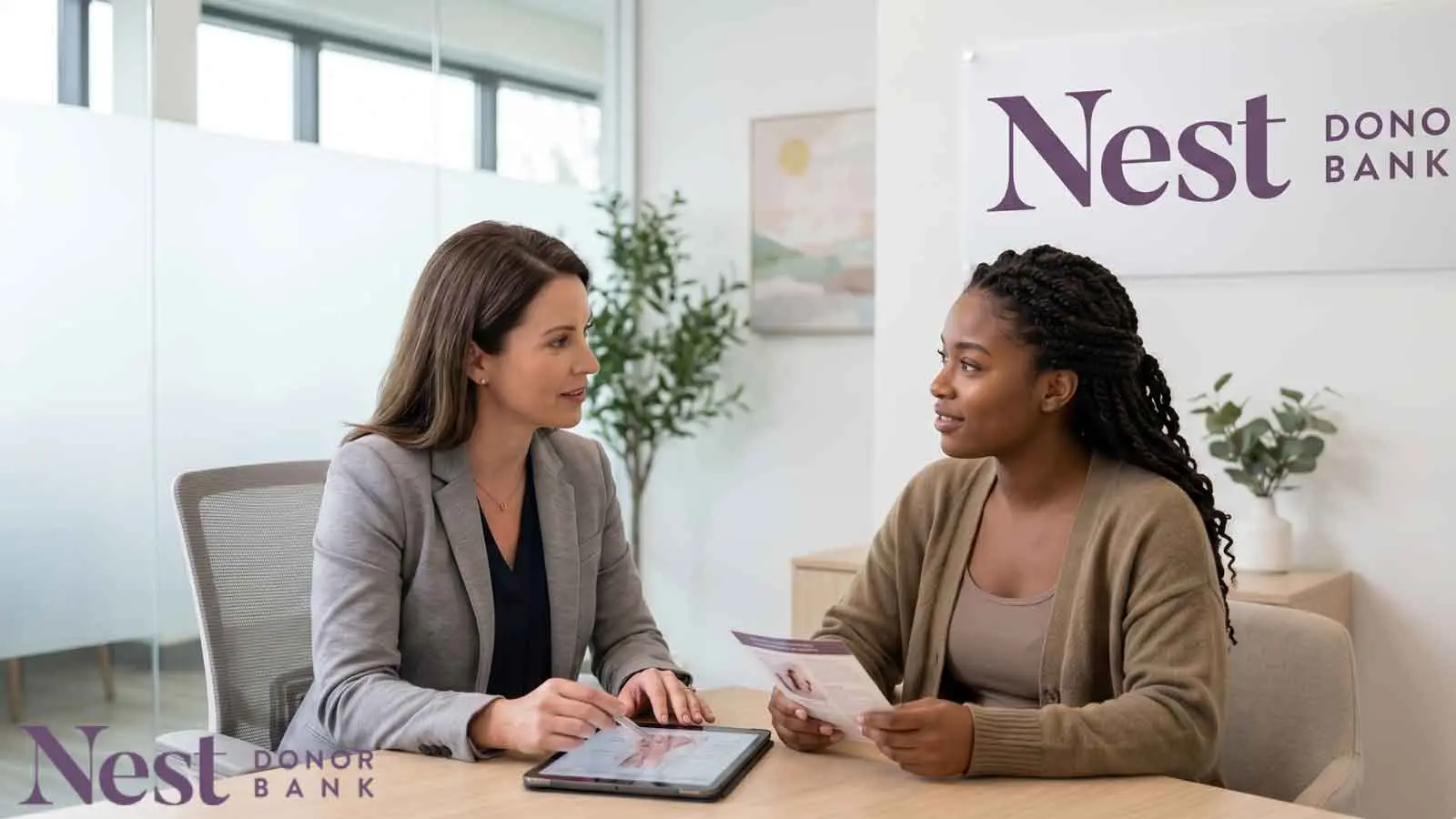 A fertility specialist in a grey blazer discusses egg donation with a prospective donor.