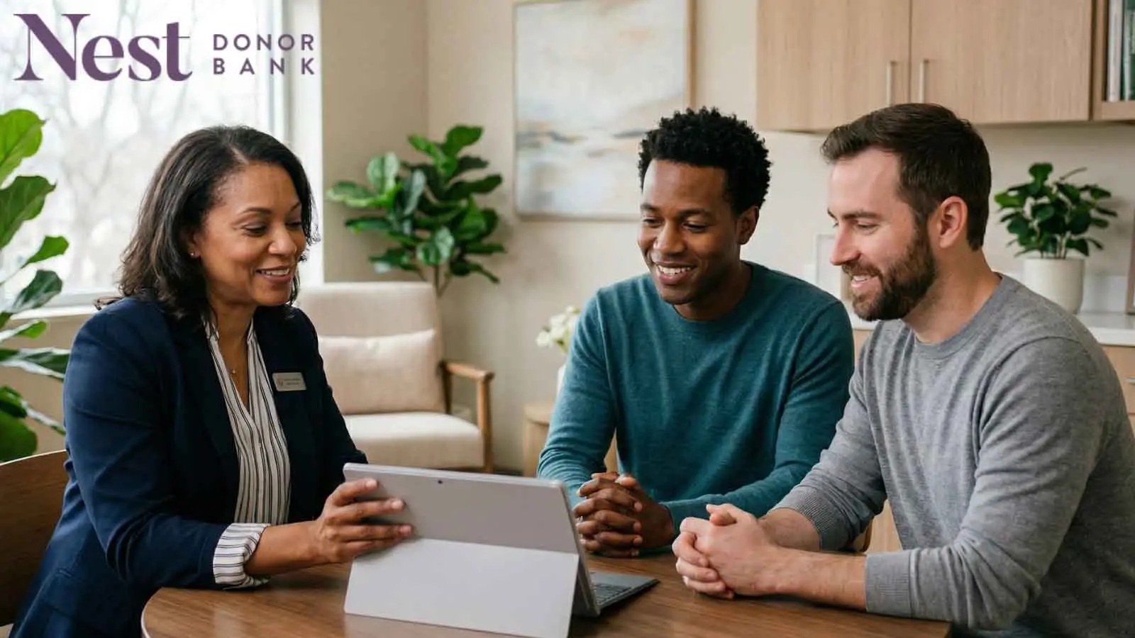 A same sex couple consulting with a fertility specialist in a well-lit egg donor bank